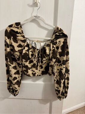 Altar'd State Beige and Dark Brown Cowprint Cropped Peasant Top